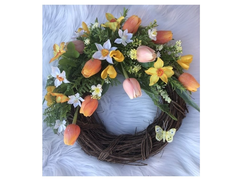 Jarní věnec na dveře oranžové tulipány 37 cm 1